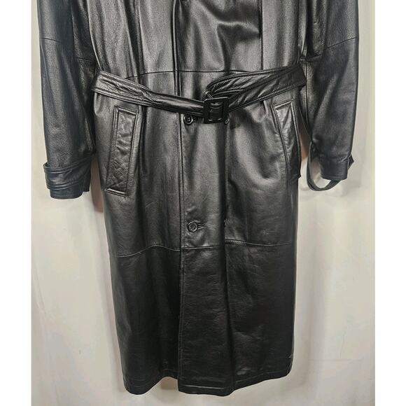 Vtg Baracuta Trench Coat Black Leather Collared Double Breasted Belt Lined Large - Picture 3 of 16